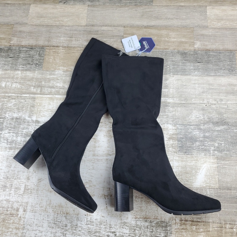 Aerosoles Micah Womens Boot Sz 9.5 M Black Suede Side Zip Block Heel Square Toe